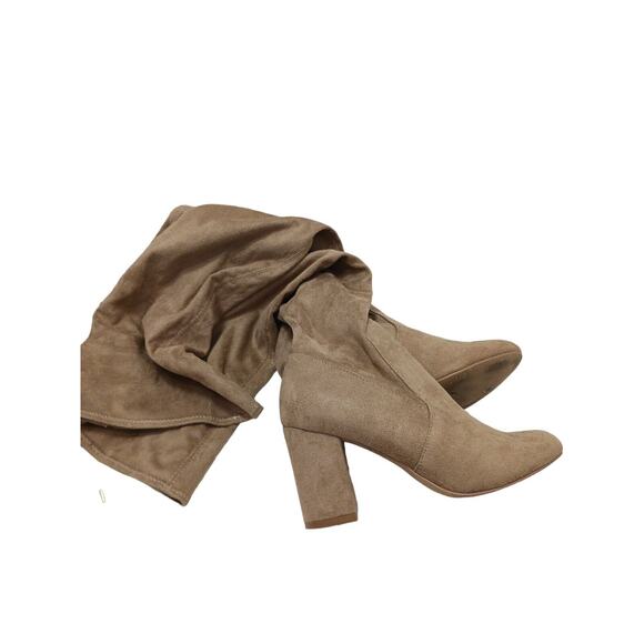 Guess Over Knee Boots Sz 8 TAN Nude High Block Heel Gold Zip w BOX Dressy Glam - Picture 8 of 16